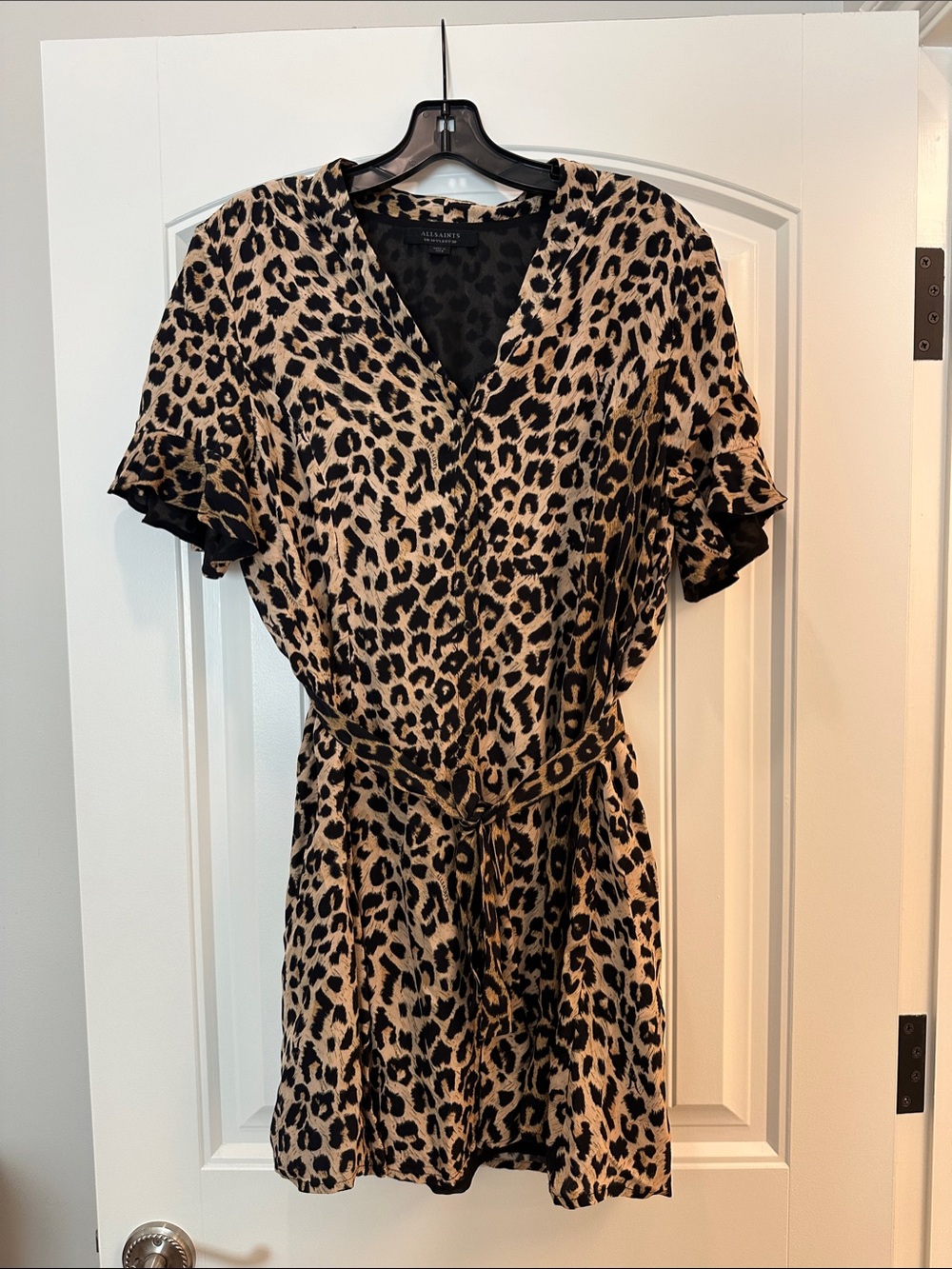 All Saints Leopard Print V-Neck Tie-Waist Dress - Black & Tan